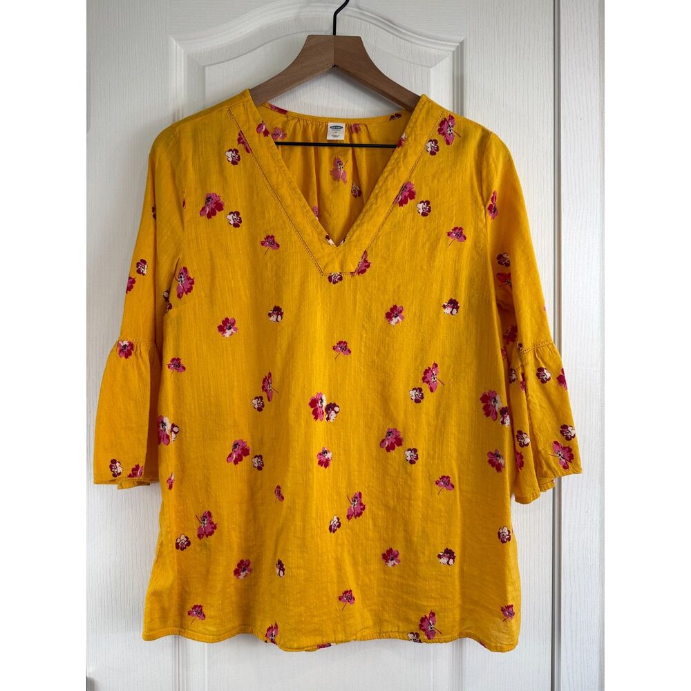 Old Navy Women's Bell Sleeve V-neck Blouse Top Yellow Pink Floral Size M